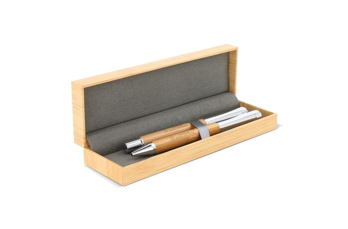 Metal ball pen and rollerball set bamboo in gift box