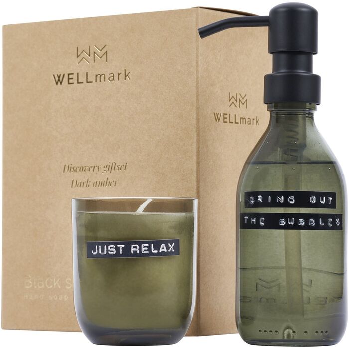 Wellmark Discovery 200 ml hand soap dispenser and 150 g scented candle set - dark amber fragrance