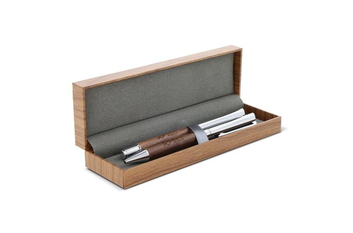 Metal ball pen and rollerball set walnut wood in gift box