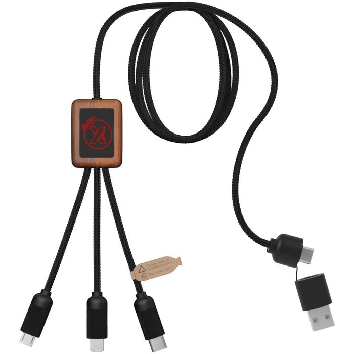 SCX.design C38 5-in-1 rPET light-up logo charging cable with squared wooden casing